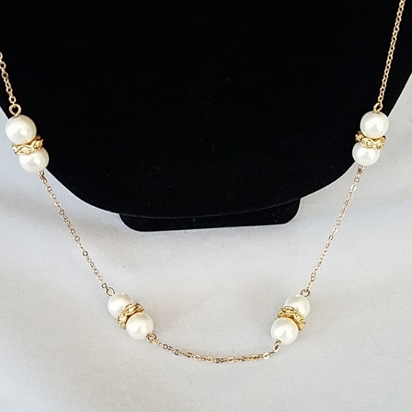 J. Crew Gold Station Necklace Faux Pearl Crystal - Picture 2 of 6